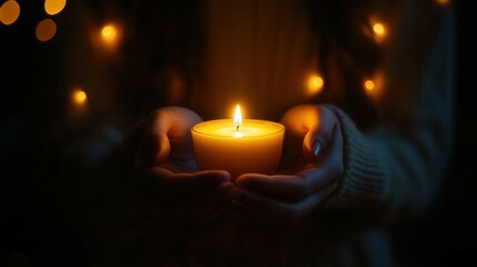 A person holds a lit candle between their hands, illuminating the dark surroundings with soft golden light. The warm glow enhances the atmosphere, surrounded by faint twinkling lights, suggesting a se