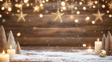 The rustic wooden background brims with holiday spirit, featuring snow, warm candles, and whimsical Christmas decorations like trees and stars, creating a cozy ambiance
