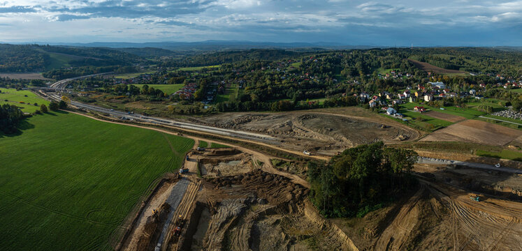 aerial view of a road construction site DK75 near Brzesko Poland