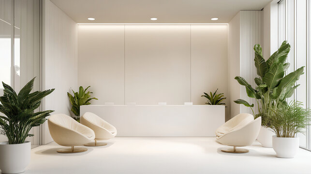 white luxury showroom with reception area, beige chairs in the waiting area