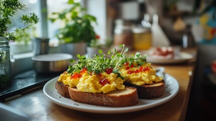 Closeup of two slices of toast topped with scrambled eggs, microgreens, and red caviar, served on a white plate