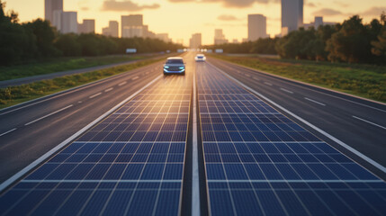 Solar powered highways with autonomous electric cars at sunset