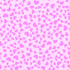 Seamless pattern with ditsy pink hearts and grunge texture. Romantic repeat background.