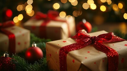 Christmas gifts wrapped in red ribbons under festive lights