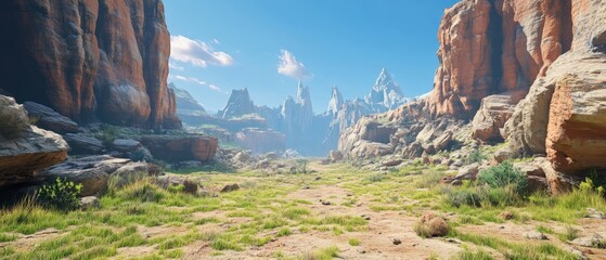 Breathtaking desert landscape with towering red rock formations and distant jagged mountains under a clear blue sky.