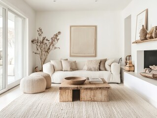 Fototapeta premium A minimalist winter living room with crisp white walls, cozy beige furniture, and natural wood accents, creating a bright and serene space
