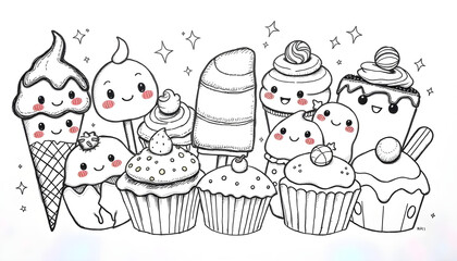 coloring book black and white illustration ice cream cake