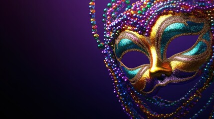 A vibrant Mardi Gras mask with colorful beads on a deep purple background.