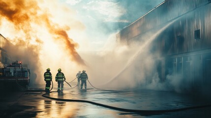A fire hazard in an industrial setting, with workers trying to extinguish a small blaze, and emergency responders arriving to manage the situation, smoke filling the area