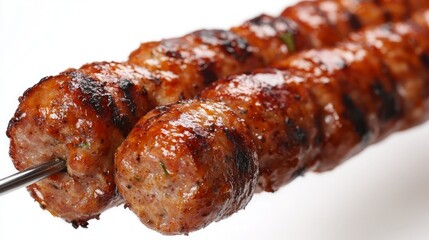 Close-up of grilled meat skewers on white background.