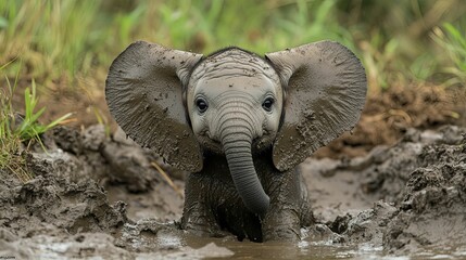 A Mud-Covered Baby Elephant Emerges from a Puddle