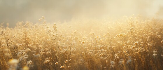 Golden wildflower meadow under soft morning light, evoking tranquility and warmth.