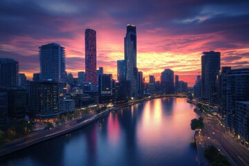 Fototapeta premium Vibrant Futuristic Cityscape at Sunset