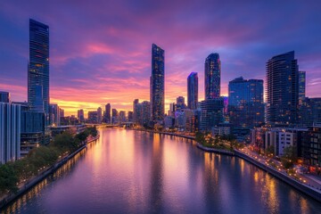 Fototapeta premium Vibrant Futuristic Cityscape at Dusk