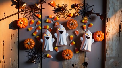 Halloween theme wallpaper backgrounds for greetings with decorated pumpkins and garnishes.	