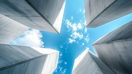 Abstract architectural view of concrete structures forming a star shape against a vivid blue sky with wispy clouds, showcasing modern design and geometry.