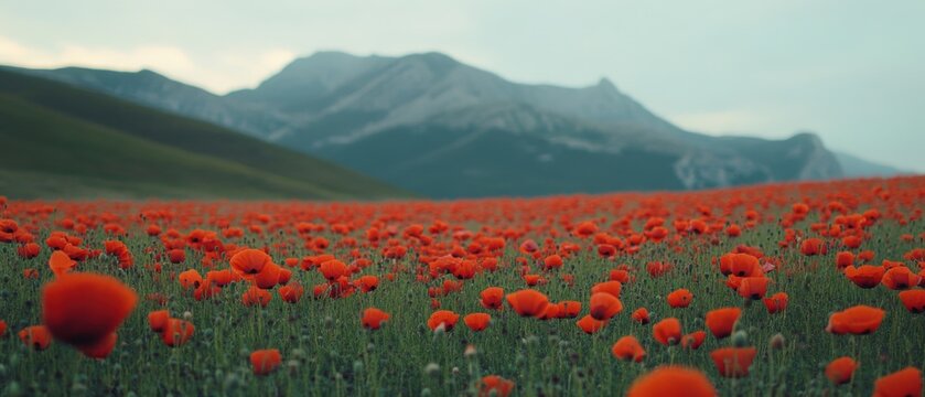 Expansive field of vibrant red poppies with a majestic mountain backdrop and overcast sky.