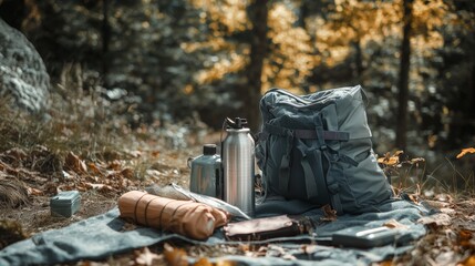 Emergency Water Filter and Survival Gear in a Forest Setting, Ready for Adventure