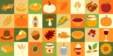 A colorful image of various fall foods, including pies, apples, and pumpkins