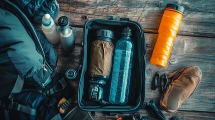 Emergency Water Filter in a Backpack on a Wooden Surface with Other Survival Gear
