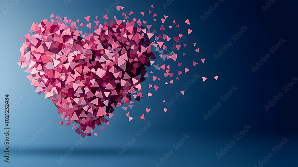 Poster fragmented heart in triangular pieces - vibrant abstract flat design illustration for modern art and