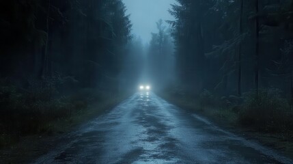 Road through foggy pine forest, headlights piercing the mist, mysterious and ethereal
