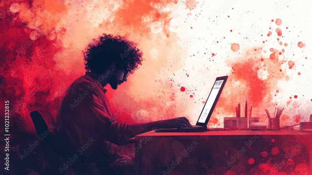 Poster a graphic designer creating art with a red watercolor background adding flow and creativity to the e