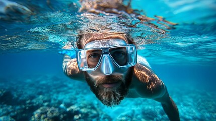 Naklejka premium Underwater View of a Man Wearing a Diving Mask