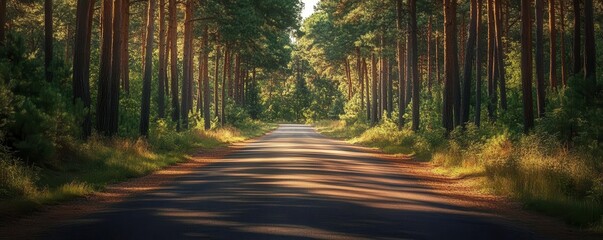 Obraz premium Road with shadows of tall pines creating a pattern, artistic and captivating