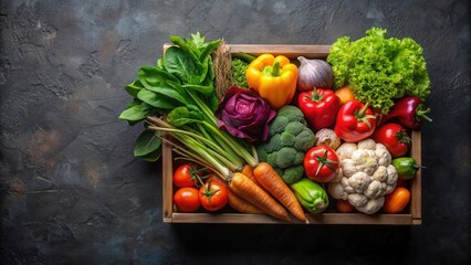 A Rustic Wooden Crate Overflowing with Freshly Harvested Produce, Including Vibrant Carrots, Tomatoes, Bell Peppers, and Leafy Greens,  Ready for a Healthy Meal