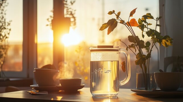 Filtered Water Jug in Warm Sunset Light on Table with Coffee Cups and Plant