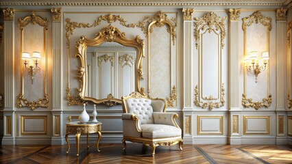 A Luxurious Living Room with Ornate Gold Trim and a Gilded Mirror Reflecting Elegant Decor