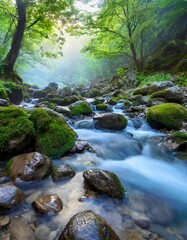 Fototapeta premium A Serene Mountain Stream Flowing Over Smooth Stones, Surrounded by Dense Forests and Moss-Covered Rocks, Captured in the Early Morning Mist for a Tranquil Nature Landscape
