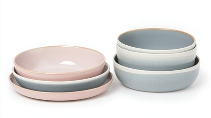 Stacked pastel-colored ceramic bowls and plates on a white background