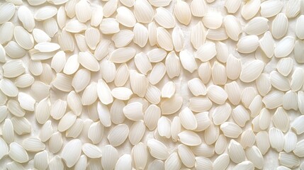 Close-up of white rice grains scattered on a white background.