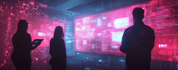 Startup founders discussing blockchain solutions, digital whiteboards, high-tech environment, Techno-futuristic, Digital art, Neon hues, High Detail