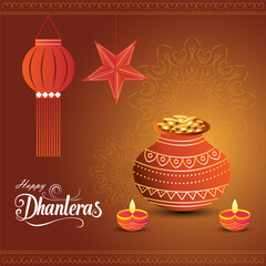 A clay pot overflowing with gold coins diyas and hanging lanterns A star and mandala pattern enhance the background with Happy Dhanteras in a festive font conveying prosperity and celebration
