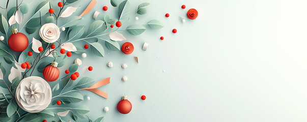 Fototapeta premium Christmas decor, handmade wreath with natural greenery and festive ribbons, 3D illustration