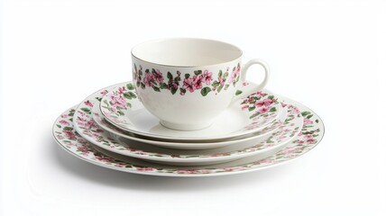 Fototapeta premium Elegant porcelain dinnerware set with floral patterns, isolated on white background.