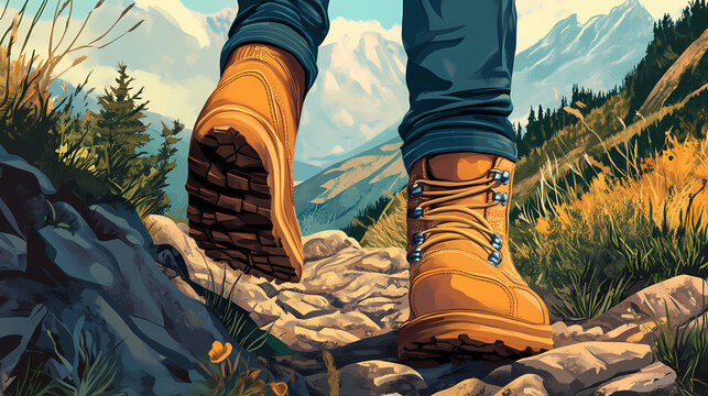 Closeup of rugged hiking boot midstep on rocky mountain trail dusty leather contrasts with vibrant nature sense of adventure and exploration emanates from the image. Rocky Mountain Trail. Illustration
