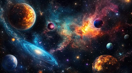 Obraz premium Vibrant cosmic scene with colorful planets and swirling galaxies in outer space.