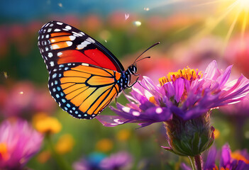 Fototapeta premium A bright orange butterfly sits on a flower, against a background of green grass. Sunlight shines through, revealing the details.