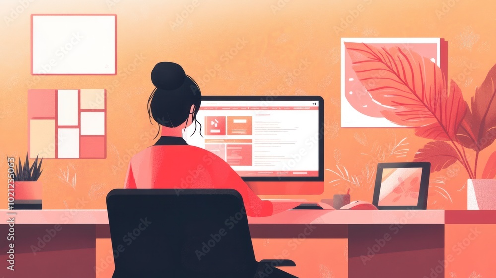 Fototapete a graphic designer working on a website layout, with a pink background pattern adding visual interes