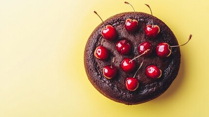 Caribbean Black Cake decorated with rum-infused cherries, isolated on a pastel yellow background with minimalist decor
