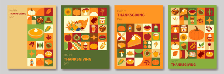 Four colorful cards with a Thanksgiving theme. Each card has a different design and features a variety of fall foods and decorations