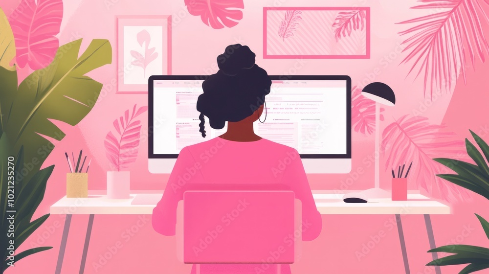 Fototapete a graphic designer working on a website layout, with a pink background pattern adding visual interes