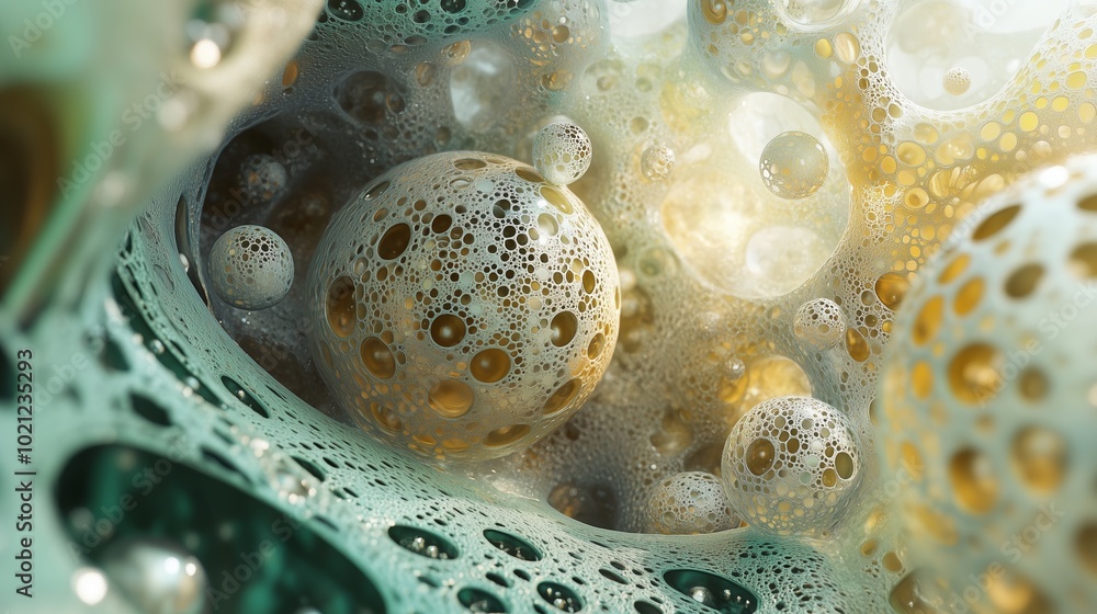 Poster abstract representation of bubbles suspended in a textured environment, showcasing intricate pattern