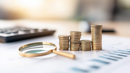 Financial or Marketing Concept with Stacked Coins as Graph and Magnifying Glass