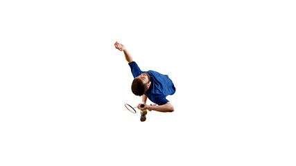 Young badminton player in mid-air, arm extended for powerful overhead shot against white background. Athleticism and focus captured in action. Concept of sport events, competition. Aerial view.
