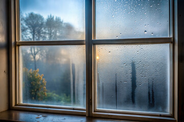 Old dirty foggy window, autumn outside, sunset
